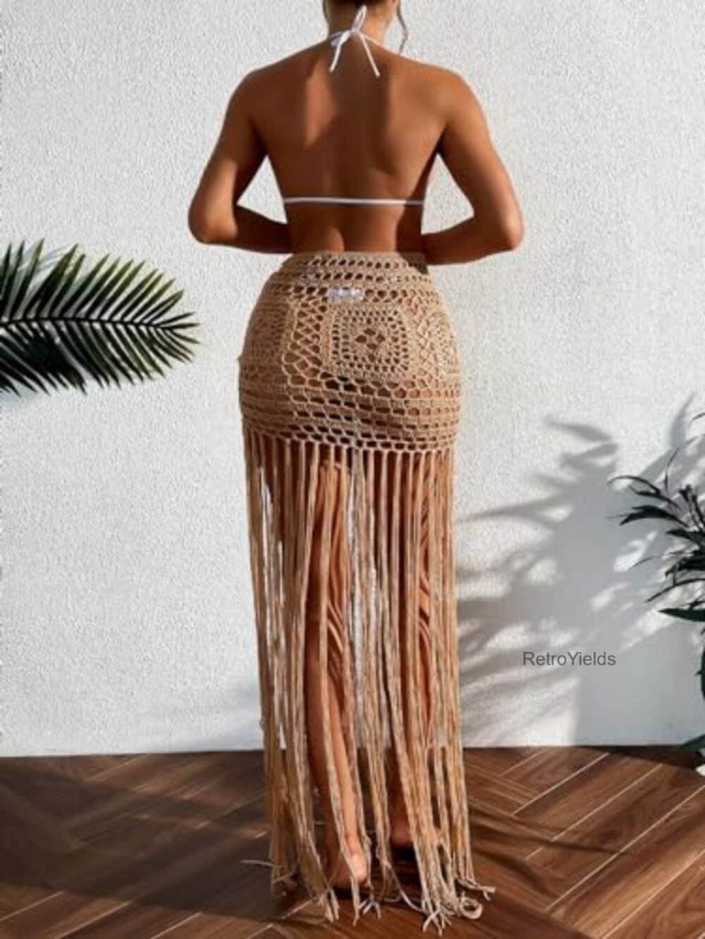 Crochet Maxi Fringe Hem Swim Cover Up Skirt High Waisted Beach Bikini Cover - Picture 2 of 3